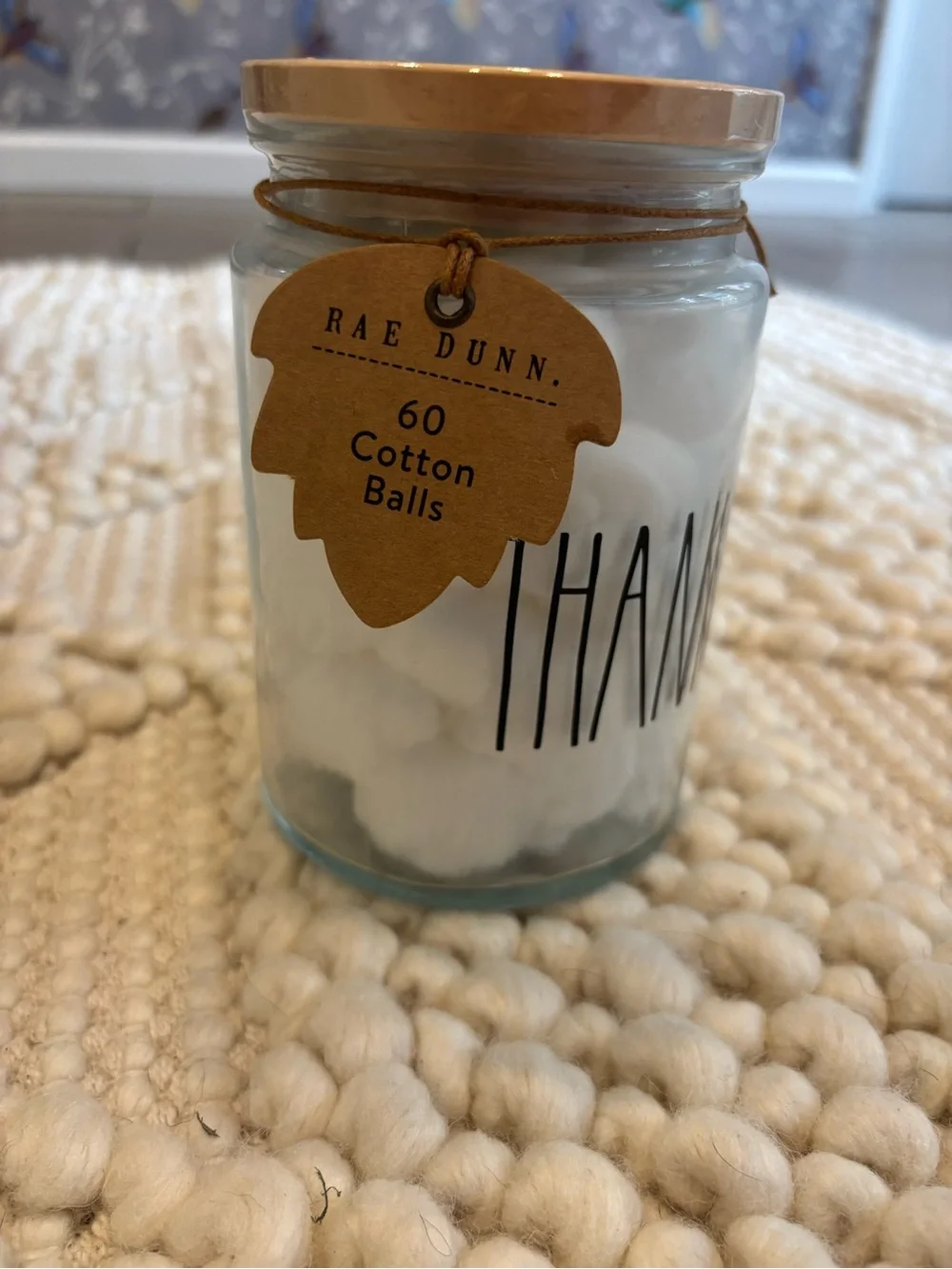 NWT Rae Dunn Thankful Fall glass jar container with 60 cotton balls
